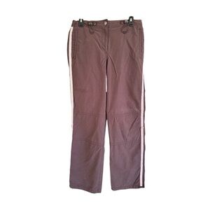FUDA, WOMENS TRACK PANTS. BROWN WITH PINK SIDE STRIPES. SIZE M